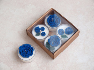 "Blue Roses" Tealight Set - Blue roses and deep green leaves on white tealight candles.