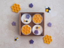 Load image into Gallery viewer, &quot;Busy Bees&quot; Tealight Set - Unscented white soy candles decorated with wax bees, honeycomb, and purple flowers.