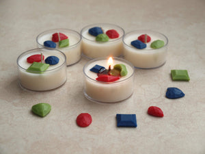 "Jewel Tone" Tealight Set - Colorful wax jewels on white tealight candles.