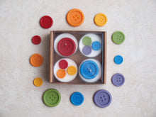 Load image into Gallery viewer, &quot;Rainbow Buttons&quot; Tealight Set - Colorful wax buttons on four white tealight candles.