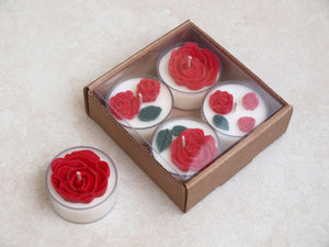 Red Roses Tealight Set - Red roses and deep green leaves on white tealight candles.