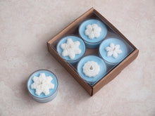 Load image into Gallery viewer, &quot;Snow Day&quot; Tealight Set - Unscented pale blue soy candles decorated with white wax snowflakes.