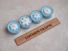 Load image into Gallery viewer, &quot;Snow Day&quot; Tealight Set - Unscented pale blue soy candles decorated with white wax snowflakes.