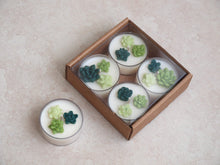 Load image into Gallery viewer, Succulent Garden Tealight Set - Green wax succulents on white tealight candles.