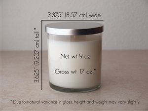 Tumbler Candle Dimensions - 3.375" wide, 3.625" tall. Net weight is 9 oz, gross weight is 17 oz. Due to natural variance in glass, height and weight may vary slightly.