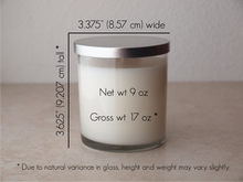 Load image into Gallery viewer, Tumbler Candle Dimensions - 3.375&quot; wide, 3.625&quot; tall. Net weight is 9 oz, gross weight is 17 oz. Due to natural variance in glass, height and weight may vary slightly.