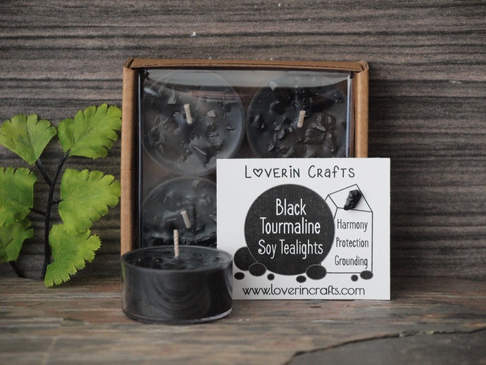 Black Tourmaline Gemstone Tealights - Unscented Black Tealight Soy Candles