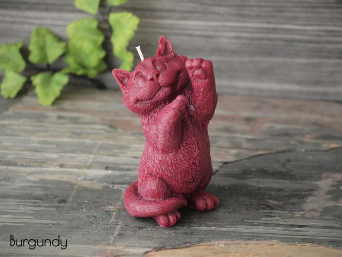 Standing Cat Candle - Unscented Burgundy Soy Candle - Custom Decorative Candle - Loverin Crafts