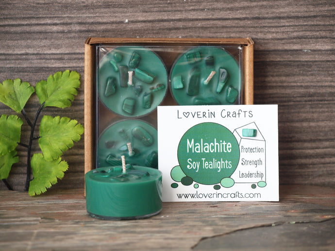 Malachite Gemstone Tealights - Unscented Forest Green Tealight Soy Candles