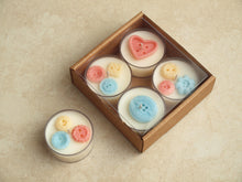 Load image into Gallery viewer, Nursery Notions Tealight Set - Miscellaneous pastel wax buttons on white tealight candles.