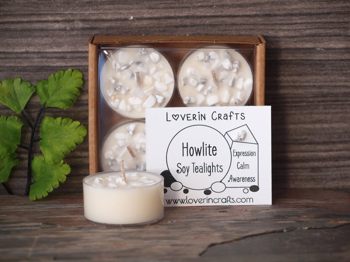 White Howlite Gemstone Tealights - Unscented White Tealight Soy Candles